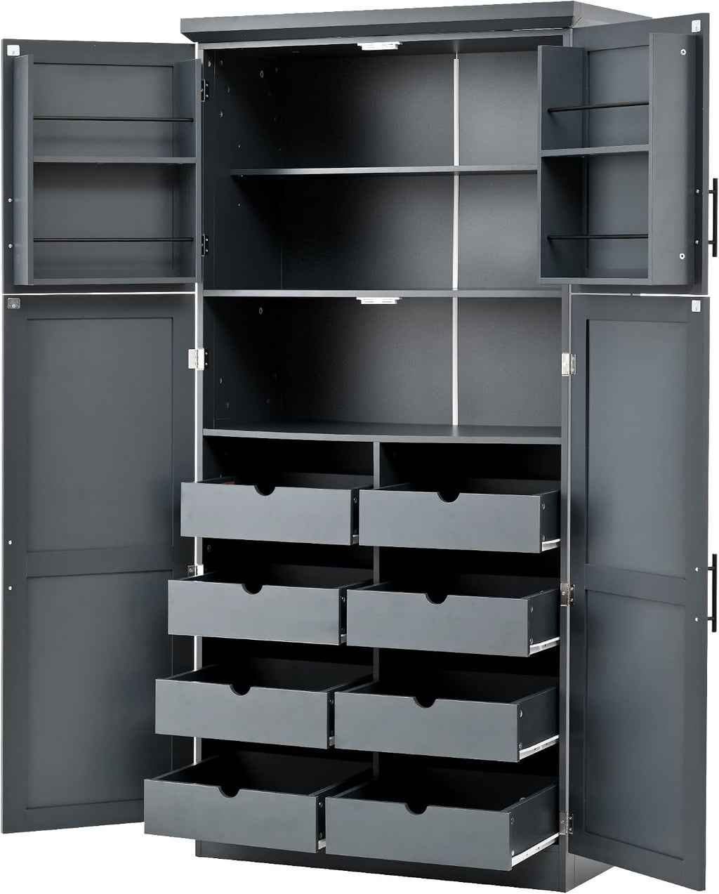 SOFTSEA Freestanding Kitchen Pantry Cabinet, Tall Storage Cabinet with Adjustable Shelves and 2 Door Shelves, Kitchen Storage Cupboard with 8 Pull-Out Trays for Dining Room, 35.5x17.6x70.9 Inch, Gray