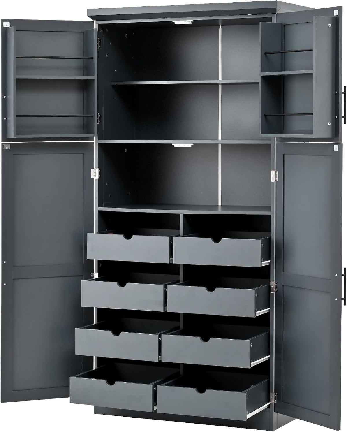 SOFTSEA Freestanding Kitchen Pantry Cabinet, Tall Storage Cabinet with Adjustable Shelves and 2 Door Shelves, Kitchen Storage Cupboard with 8 Pull-Out Trays for Dining Room, 35.5x17.6x70.9 Inch, Gray