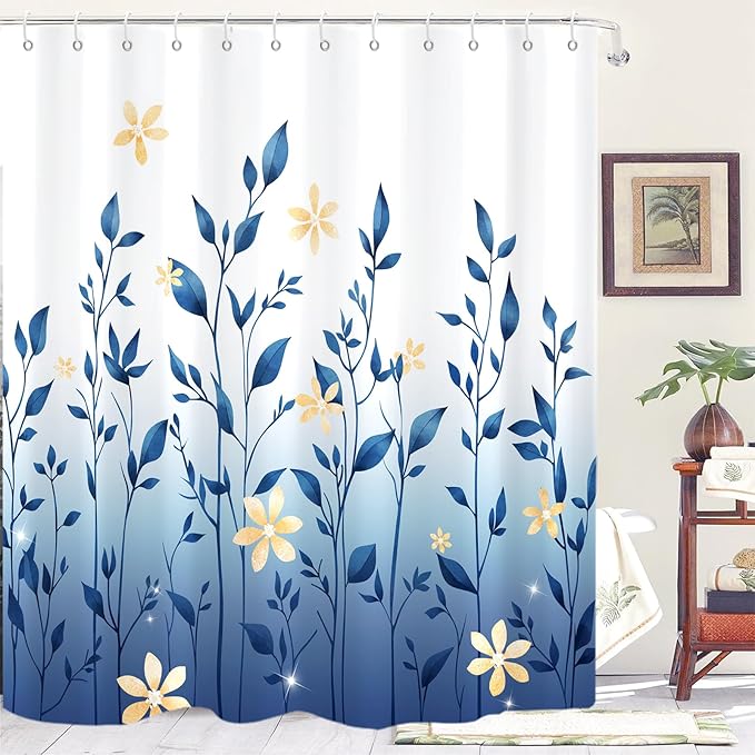 Eucalyptus Shower Curtain, Ombre Floral Leaves Plant Washable Fabric Bath Decor with 12 Hooks 72x72 inches, Navy Blue
