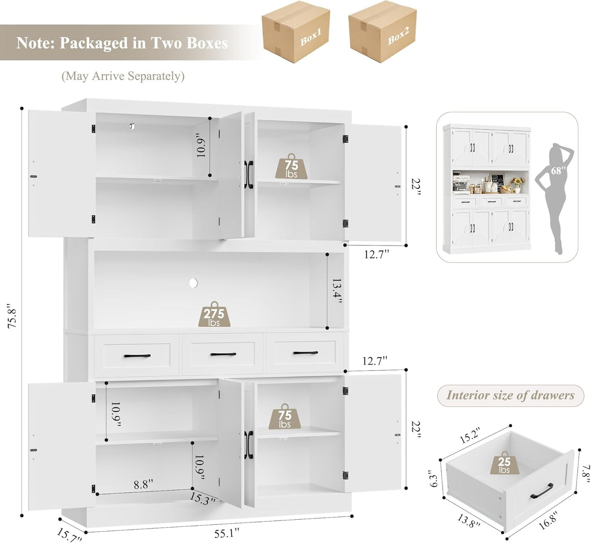 HITHOS 55“W Kitchen Pantry Cabinet, 76" Tall Hutch Storage Cabinet, White | Large Kitchen Pantry Storage Cabinet with Countertop, Modern Kitchen Hutch, Wood Coffee Bar with Drawers for Dining Room