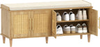 Akxomel 47.2" Rattan Shoe Storage Bench 4 Doors Wooden Entryway Bench Oak | 2 Tier Shoe Bench with Padded Cushion, Adjustable Shelves and 4 Doors, Solid Wood Legs, for Hallway, Living Room, Bedroom