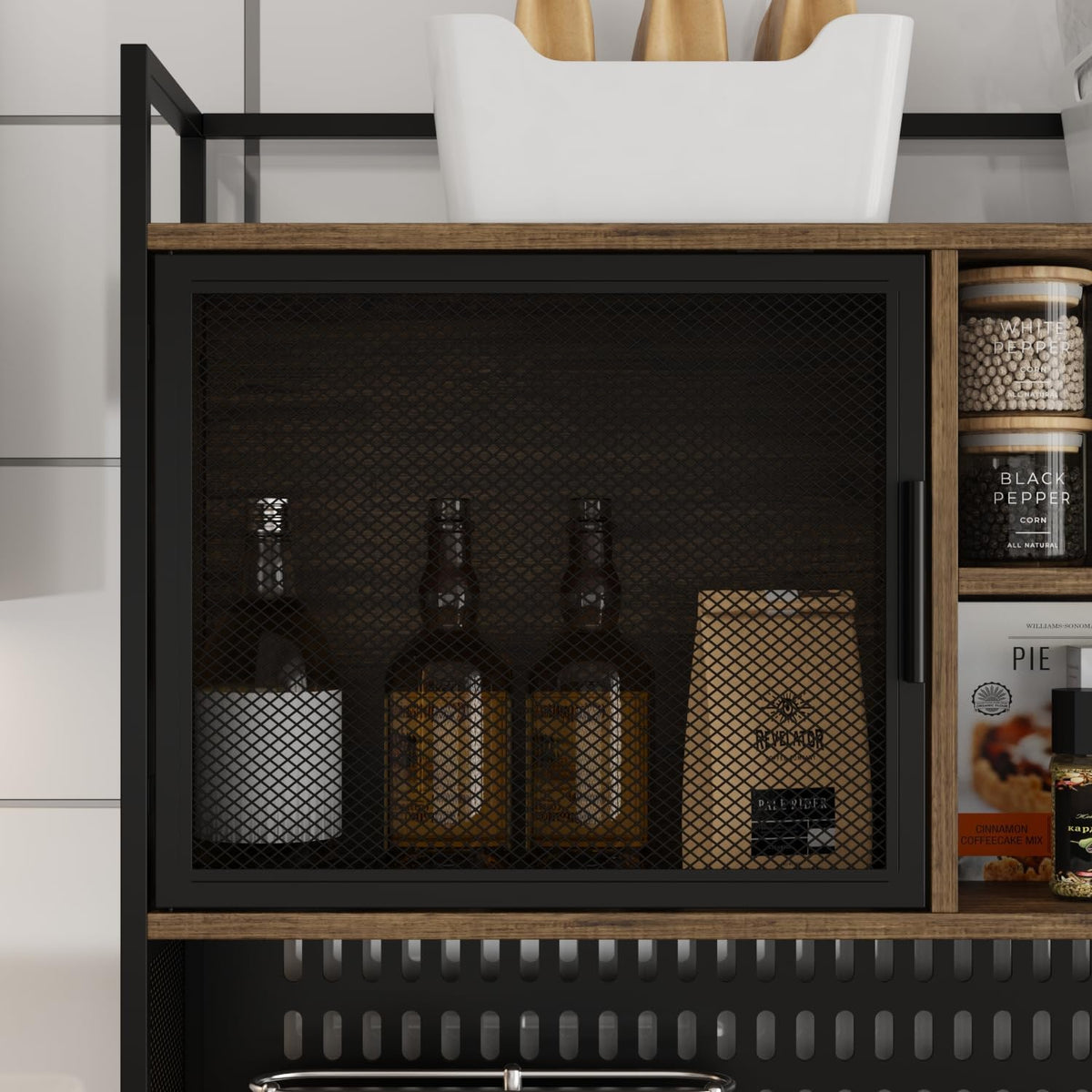MOUMON 70.9" Extra Large Kitchen Pantry Cabinet with Hutch, Industrial Kitchen Hutch with 6 Drawers and 4 Mesh Doors, Large Coffee Bar Cabinet with Pegboard and Shelves, Brown and Black