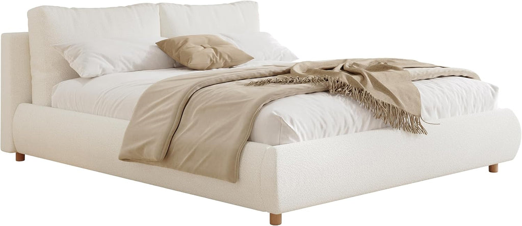 Christopher Knight Home Hazel Queen Size Bed Frame, Upholstered Platform Bed, Soft Boucle Queen Headboard, Removable Pillows Headboard, Wood Slats Support, No Box Spring Needed, Easy Assembly, White