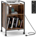 LOKO Record Player Stand with Charging Station, 3-Tier Vinyl Turntable Stand On Wheels with Open Shelves, Metal Dividers, Industrial End Table Turntable Holder for Bedroom, Living Room