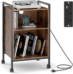 LOKO Record Player Stand with Charging Station, 3-Tier Vinyl Turntable Stand On Wheels with Open Shelves, Metal Dividers, Industrial End Table Turntable Holder for Bedroom, Living Room