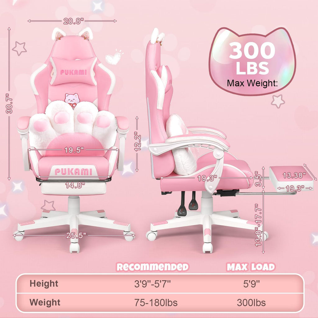 Pink Gaming Chair with Cat Ears & Footrest, Ergonomic Gaming Computer Desk Chair with Cat Paw Lumbar Support & Linked Armrests - Cute PU Leather Game Chair for Girls Adults