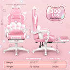 Pink Gaming Chair with Cat Ears & Footrest, Ergonomic Gaming Computer Desk Chair with Cat Paw Lumbar Support & Linked Armrests - Cute PU Leather Game Chair for Girls Adults