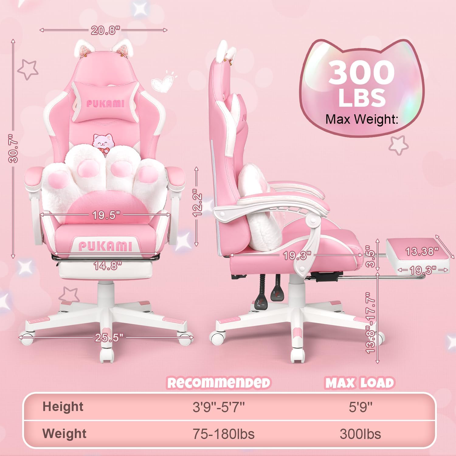 Pink Gaming Chair with Cat Ears & Footrest, Ergonomic Gaming Computer Desk Chair with Cat Paw Lumbar Support & Linked Armrests - Cute PU Leather Game Chair for Girls Adults