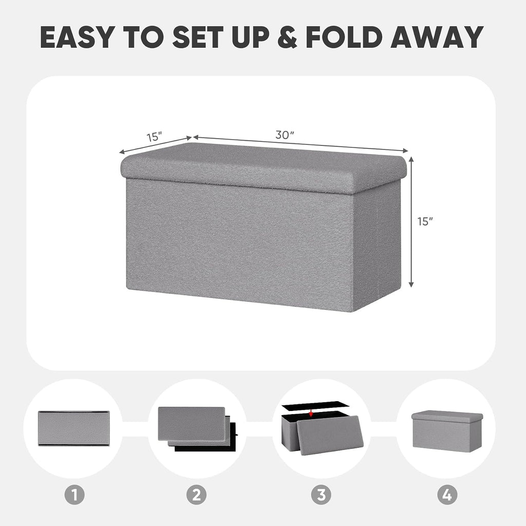 PINPLUS Folding Storage Ottoman Bench, Sherpa Ottoman with Storage, Large Long Shoes Bench Chest with Lid, Footrest for Living Room, Entryway, Grey 30'' x 15'' x 15''