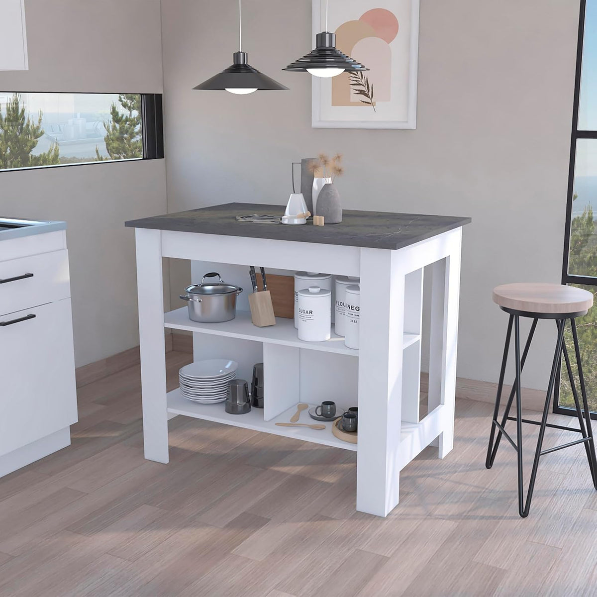 Kitchen Island with Three Concealed Shelves Multicolor | Three concealed storage shelves with dimensions
