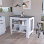 Kitchen Island with Three Shelves, White and Onyx Finish | Three storage shelves with varying dimensions for organized kitchen storage