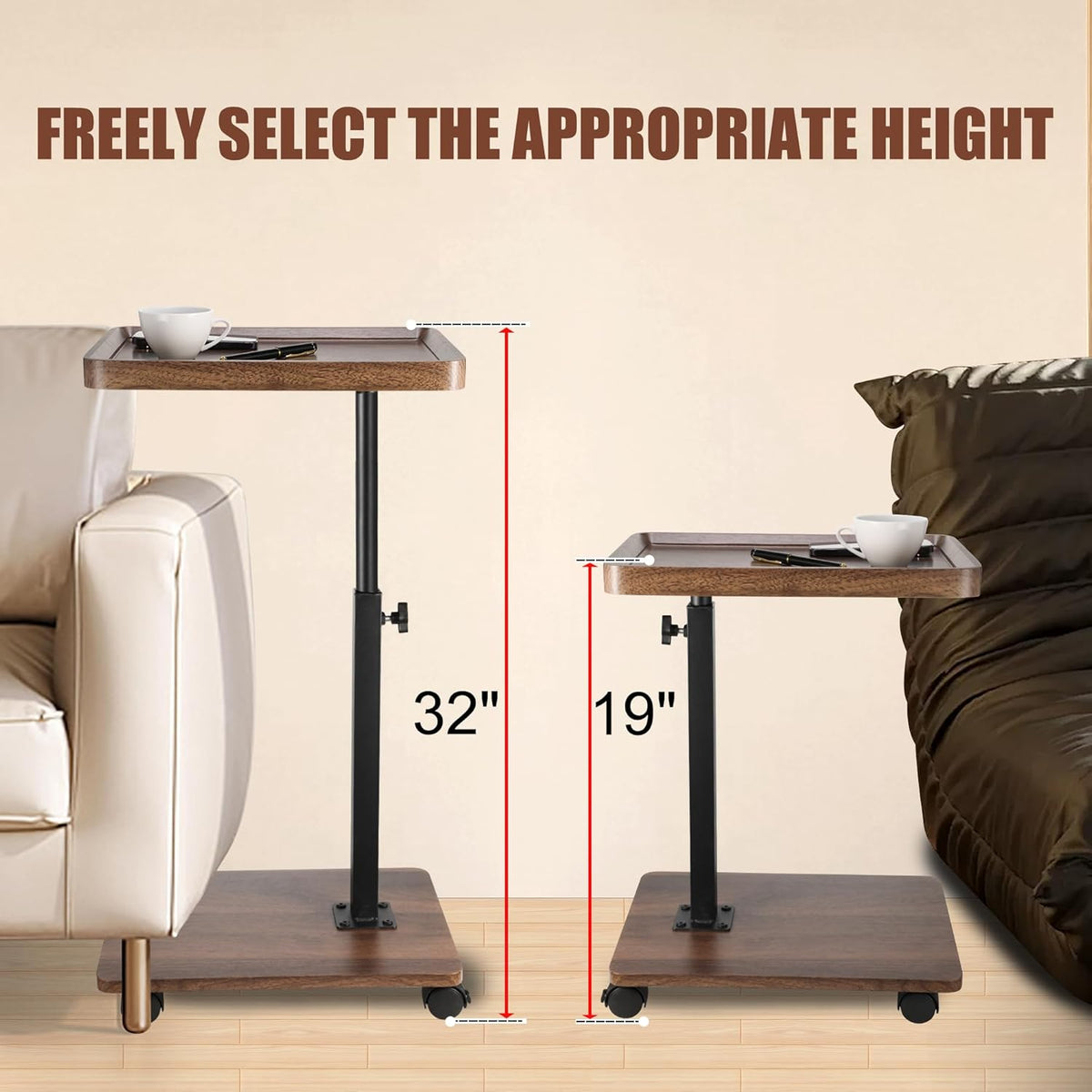 C Shaped End Table for Couch, Adjustable Height C Shaped Side Table with Wheels,TV Trays Table for Sofa, Bedroom,Living Room Small Spaces Couch Table