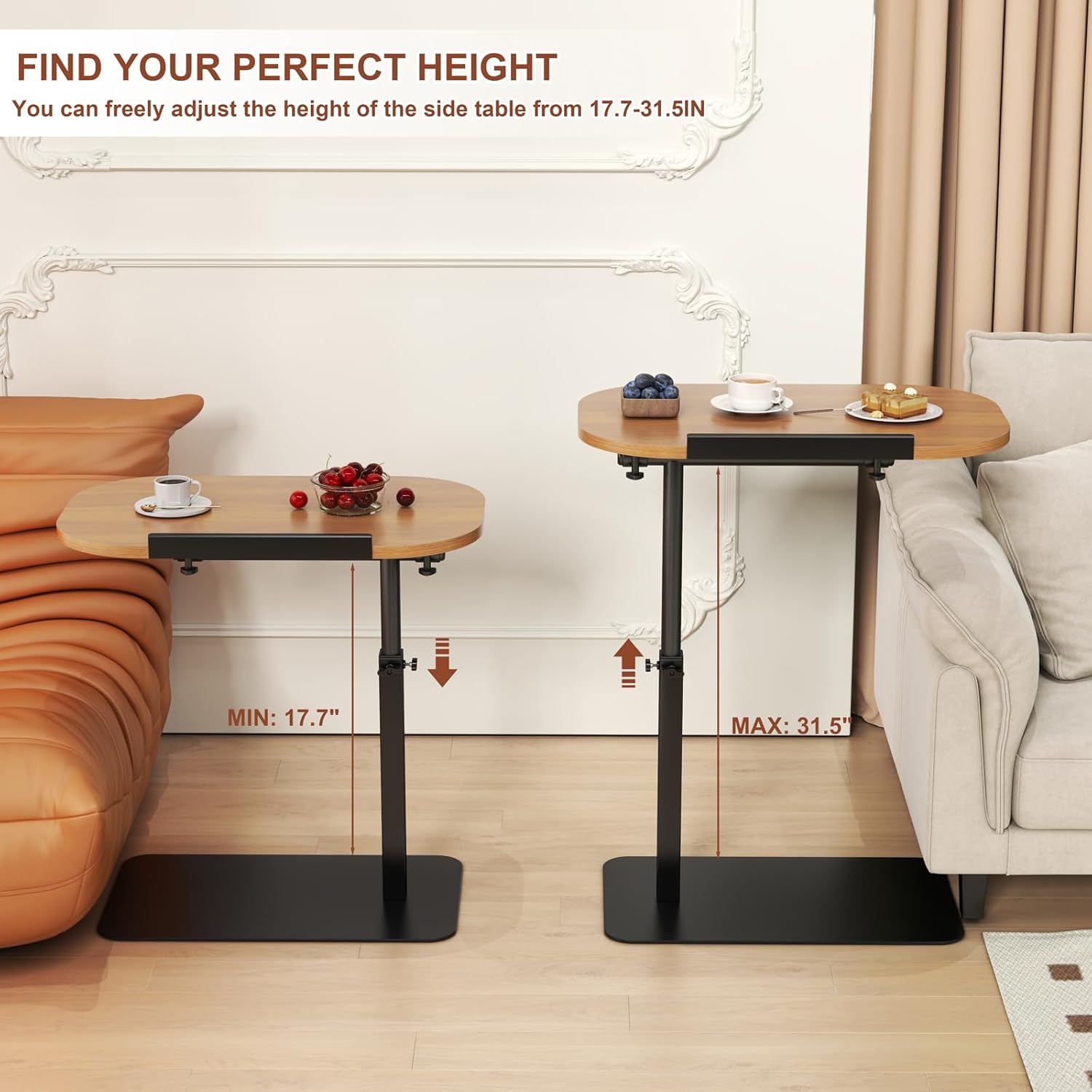 Solid Wood C Shaped Side Table for Sofa/Bed, Adjustable Height C Shaped End Table Metal Base, 360°Swivel/Flip Top Couch Tables That Slide Under, Small Spaces Laptop Stand Coffee Table (Wood)