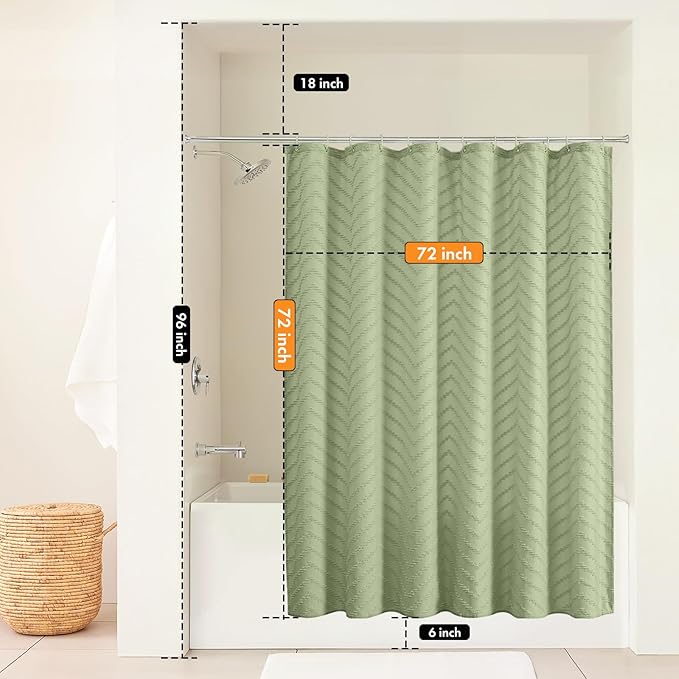 Green Shower Curtain Boho Woven Fabric Shower Curtain Tufted Chervon Textured Shower Curtain Modern Minimalist Shower Curtain for Bathroom Neutral Striped Waterproof Shower Curtain 72 x 72 Inches