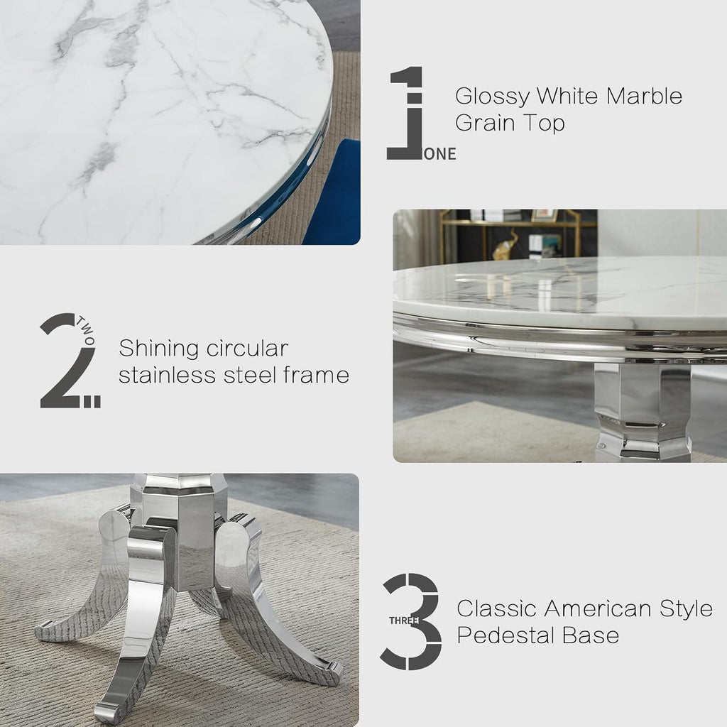 5-Piece White Marble Round Dining Table Set for 4, Modern Faux Marble Kitchen Table Set for 4 with Grey Tufted Chair,Circle White Silver Dinner Tables with American-Style Pedestal Base