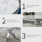 5-Piece White Marble Round Dining Table Set for 4, Modern Faux Marble Kitchen Table Set for 4 with Grey Tufted Chair,Circle White Silver Dinner Tables with American-Style Pedestal Base