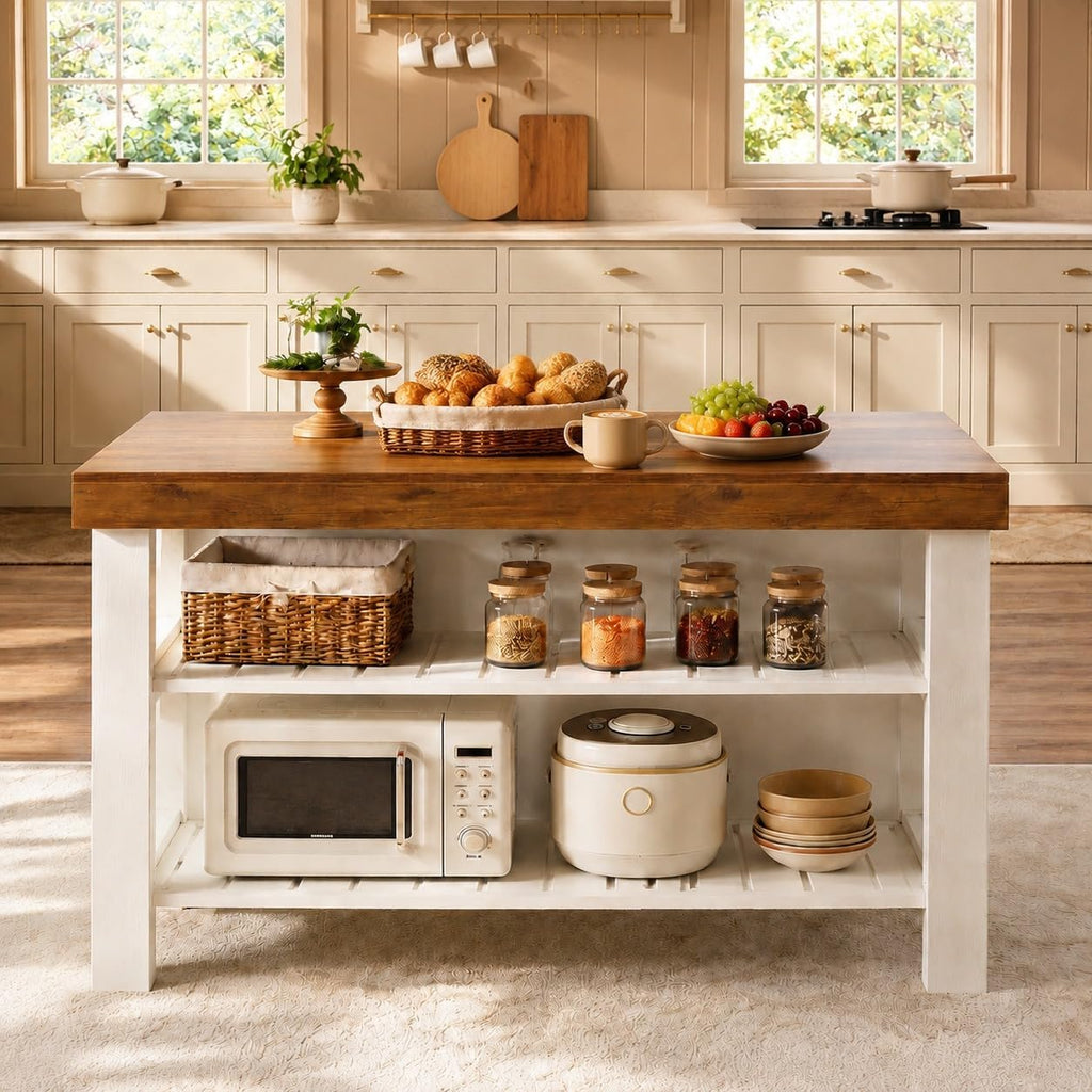Tribesigns 55.1-Inch Kitchen Island with Seating and Storage, 3-Tier Large Farmhouse Island Table with Large Countertop and Leg Room for Kitchen Dining Room (Brown and White)