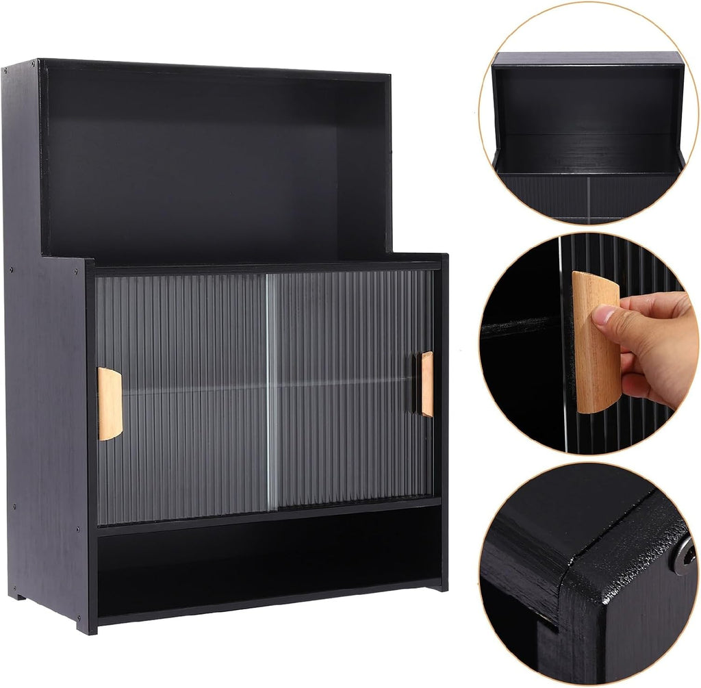 Countertop Kitchen Pantry - 3 Tier Bamboo Sideboard with Sliding Glass Doors, Dining Cupboard Storage Cabinet for Spices and Seasoning Bottles