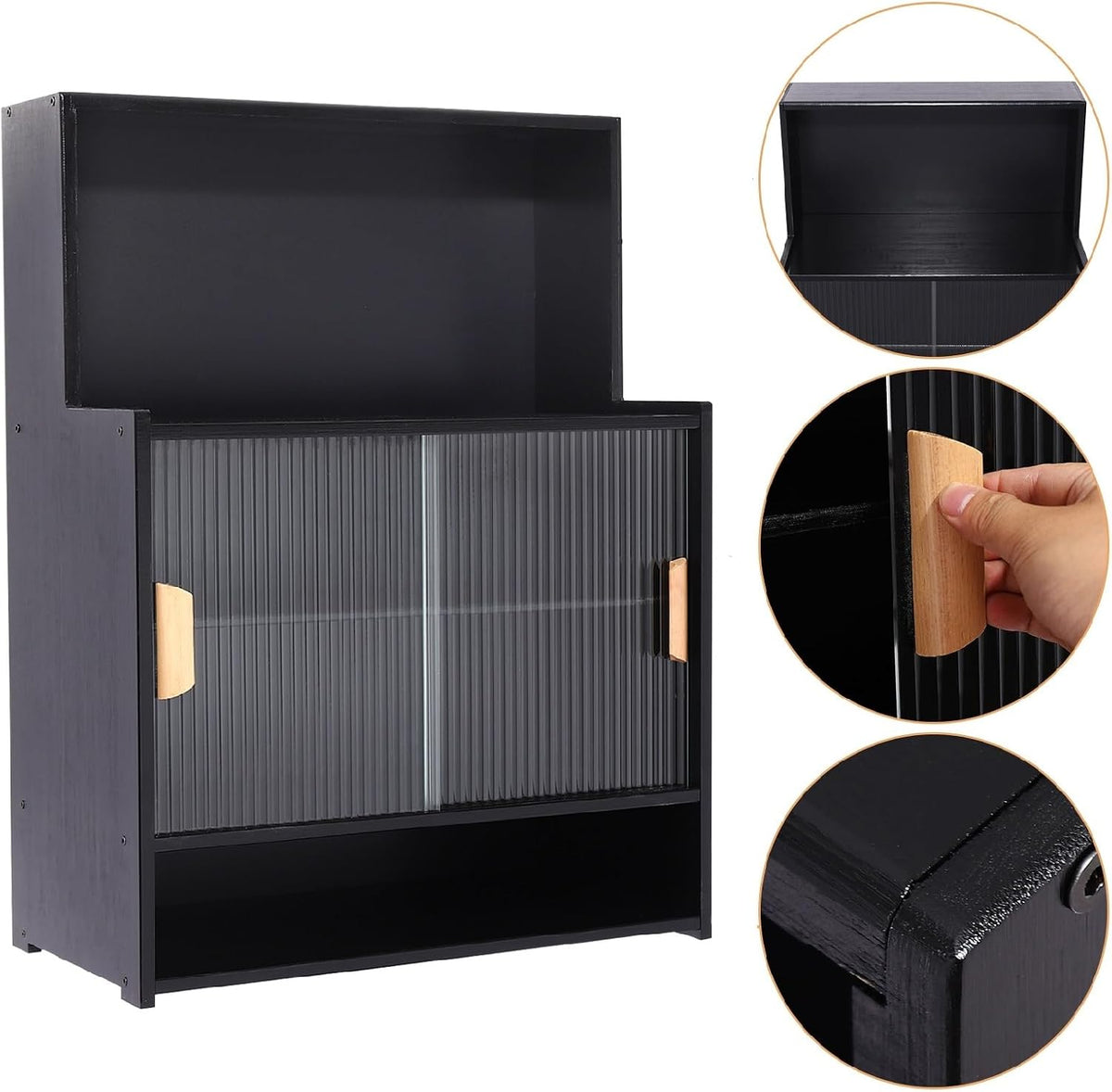 Countertop Kitchen Pantry - 3 Tier Bamboo Sideboard with Sliding Glass Doors, Dining Cupboard Storage Cabinet for Spices and Seasoning Bottles
