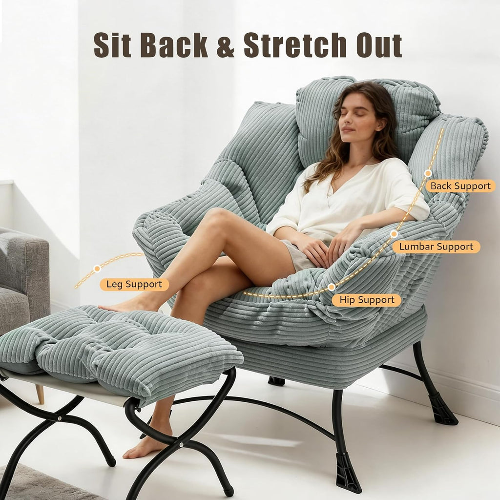 Oversized Lazy Chair with Ottoman for Adults, Chair and Ottoman Set Modern Skinny Lounge Chair with Footrest, Wide Reading Chair for Living Room/Bedroom, Comfy Accent Armchair for Small Spaces, Green