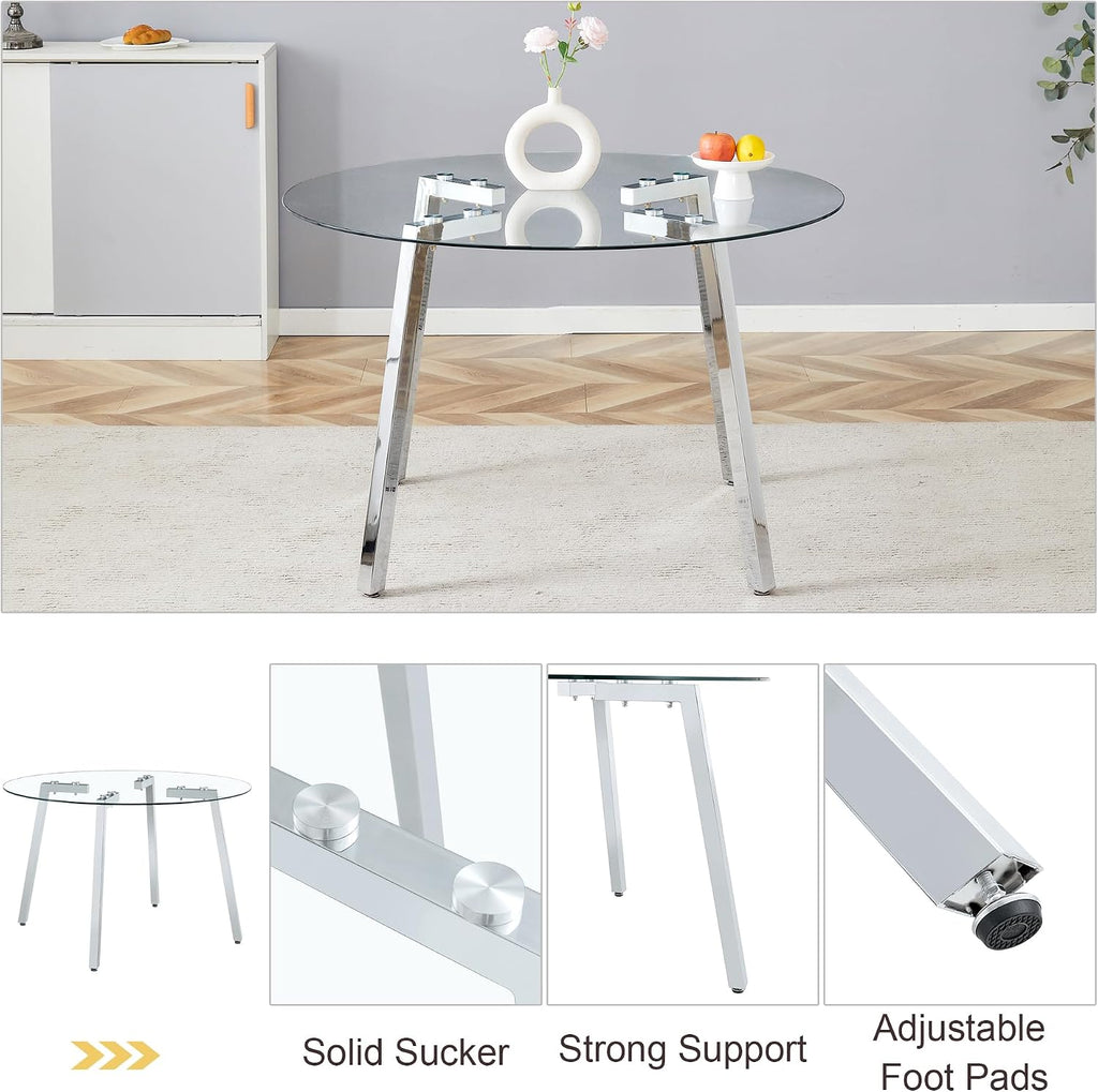 Clear Round Glass Top Dining Set for 4, 42'' Modern Luxury Circle Dinner Set, 5 PCS Minimalist Circular Kitchen Table Set, Olive Green High-end Tufted Chairs, for Small Place Home (Silver)