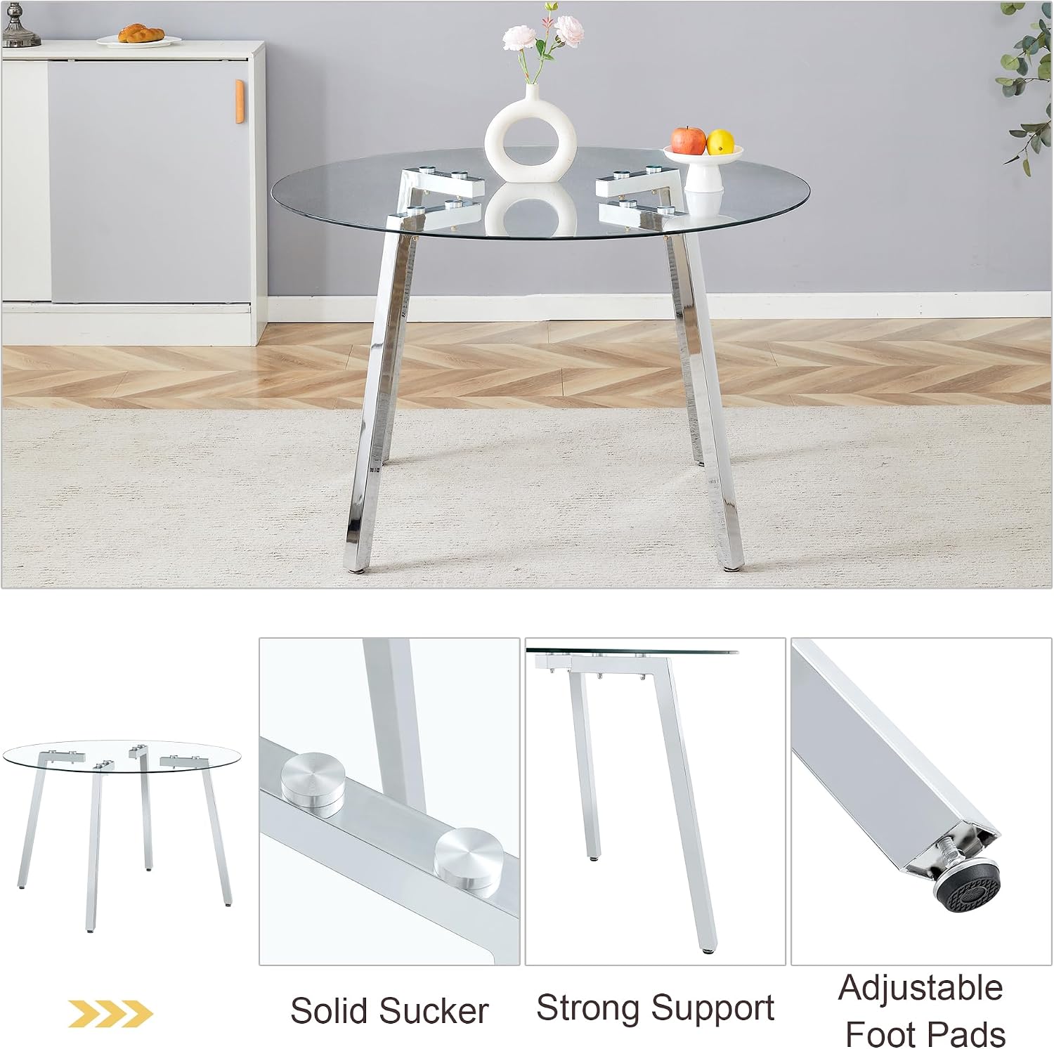 Clear Round Glass Top Dining Set for 4, 42'' Modern Luxury Circle Dinner Set, 5 PCS Minimalist Circular Kitchen Table Set, Olive Green High-end Tufted Chairs, for Small Place Home (Silver)