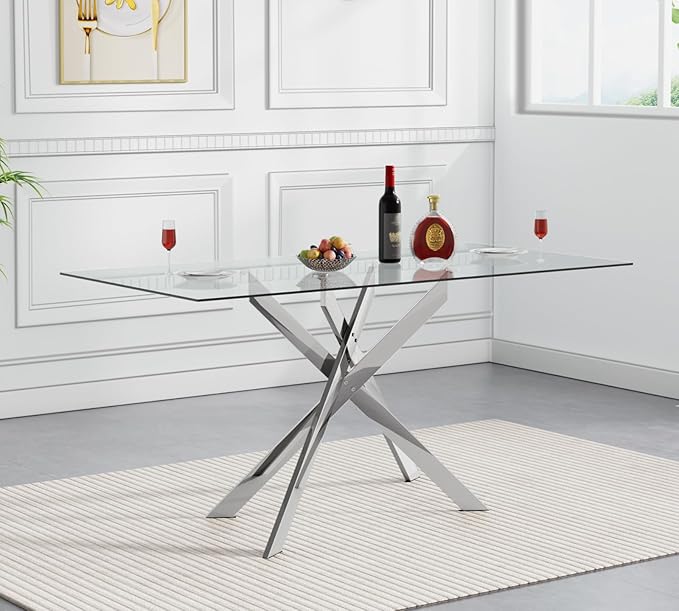 51" Rectangular Glass Dining Table Modern Kitchen Glass Top Table for 4 with Silver Metal Legs, Clear Dining Table Kitchen Table for Home Office Dining Room