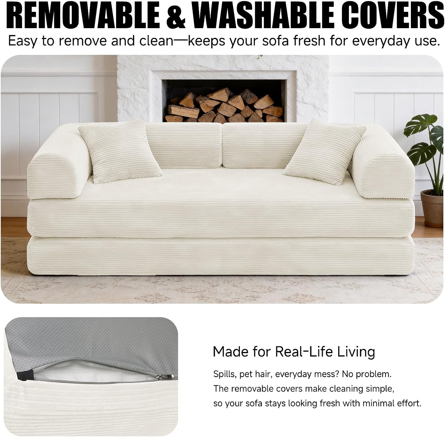 79" Corduroy Sofa Bed, Couch in a Box with 2 Pillows, High-Density Foam 4-in-1 Foldable Sleeper Futon Loveseat for Small Spaces, No Assembly, Side Pockets, Hex Arm White