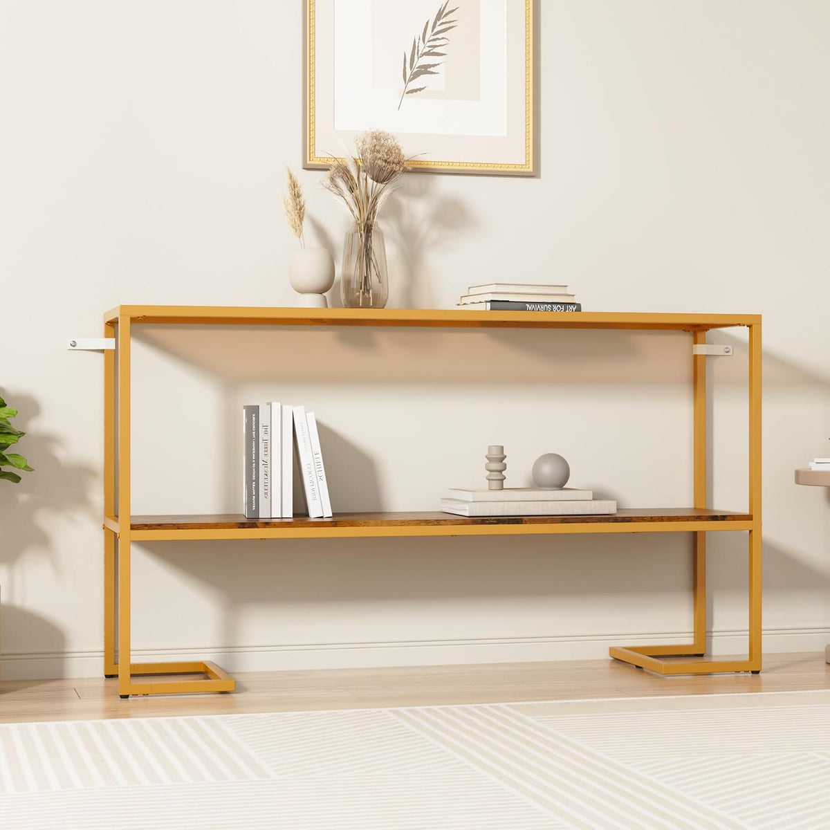 Furnify Console Sofa Table, 52" Modern Entryway Table, 2-Tier Open Shelf with Tempered Glass, Gold Metal Frame Behind Couch Table for Living Room Bedroom Hallway Entrance, Brown