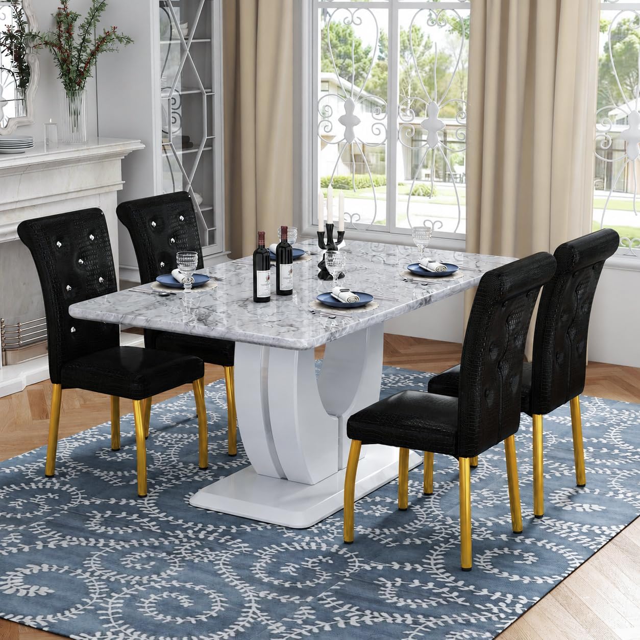 5 Piece Faux Marble Dining Table Set for 4, 63" Rectangular Kitchen Table and Chairs Set with 4 Tufted PU Leather High Back Chairs, Modern Dining Room Table Set with U-Shaped Pedestal Base, White Gold