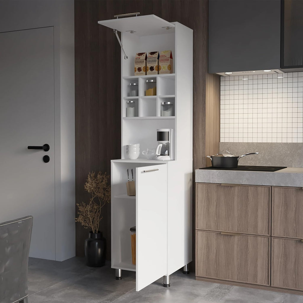 White Kitchen Pantry with Pneumatic Doors and Open Storage