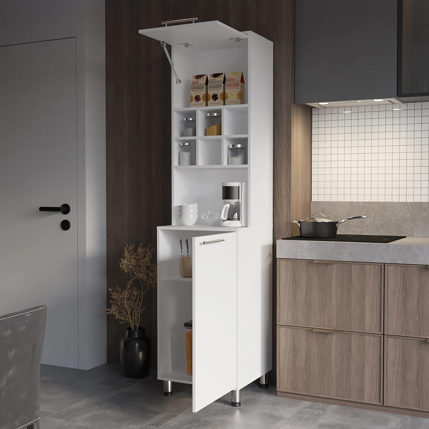 White Kitchen Pantry with Pneumatic Doors and Open Storage