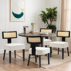 Farmhouse Rattan Dining Chairs Set of 2, Upholstered Modern Dining Room Chairs with Curved Cane Back, Black Wood Frame Armless Side Chair for Kitchen (Beige Fabric)