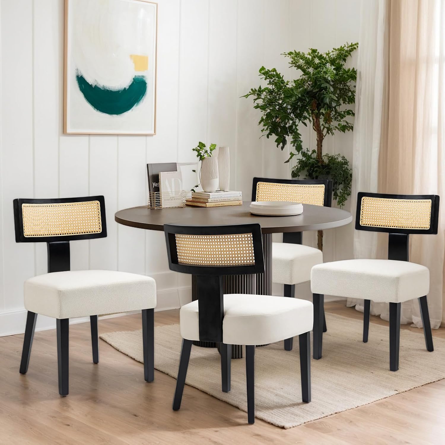 Farmhouse Rattan Dining Chairs Set of 2, Upholstered Modern Dining Room Chairs with Curved Cane Back, Black Wood Frame Armless Side Chair for Kitchen (Beige Fabric)