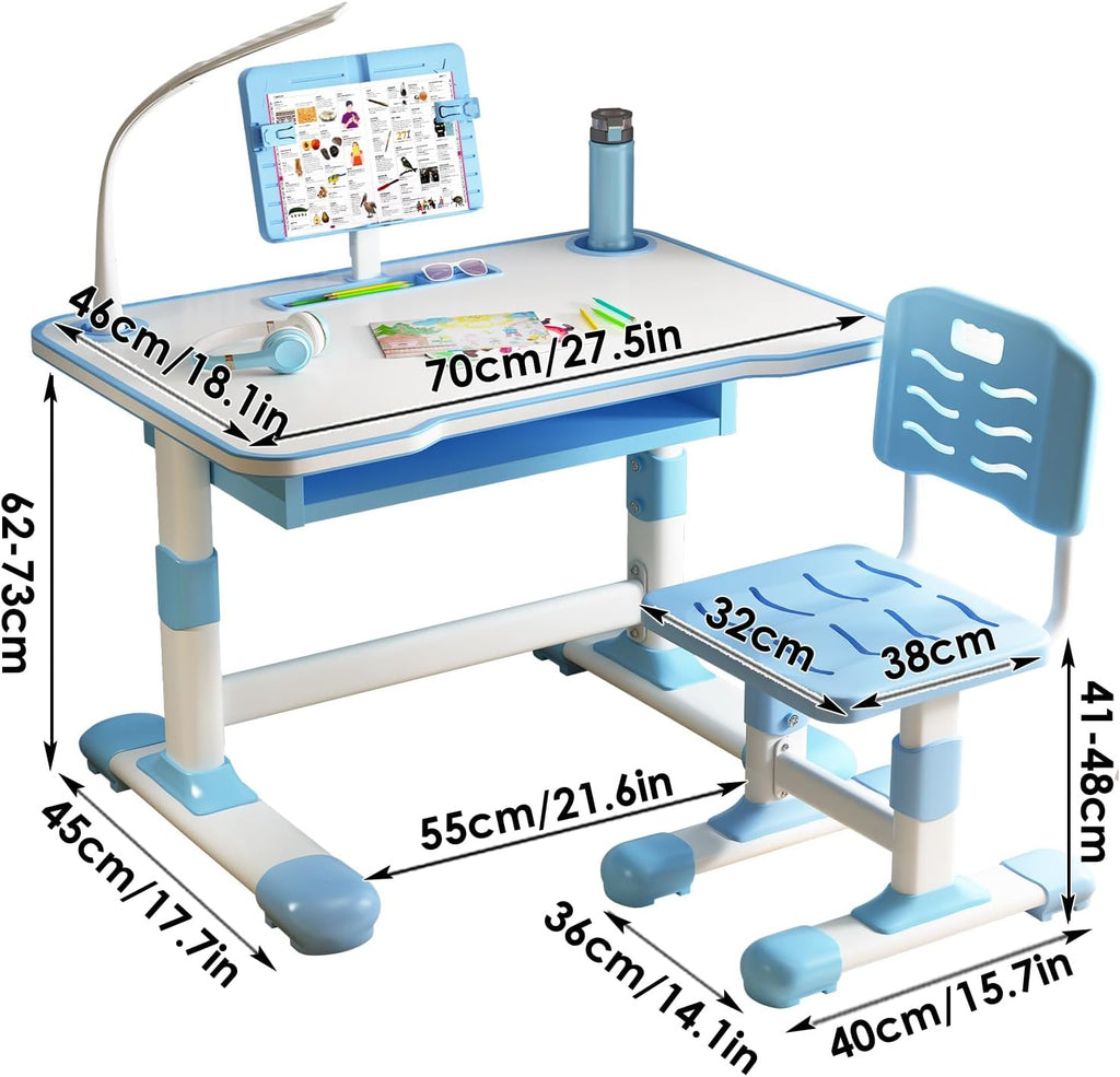 Cuteam Kids Study Desk Chair Set, Height Adjustable Toddlers Writing Table with Tiltable Reading Stand, Living Room Bedroom Children Learning Table with Extra Large Drawer (Blue)
