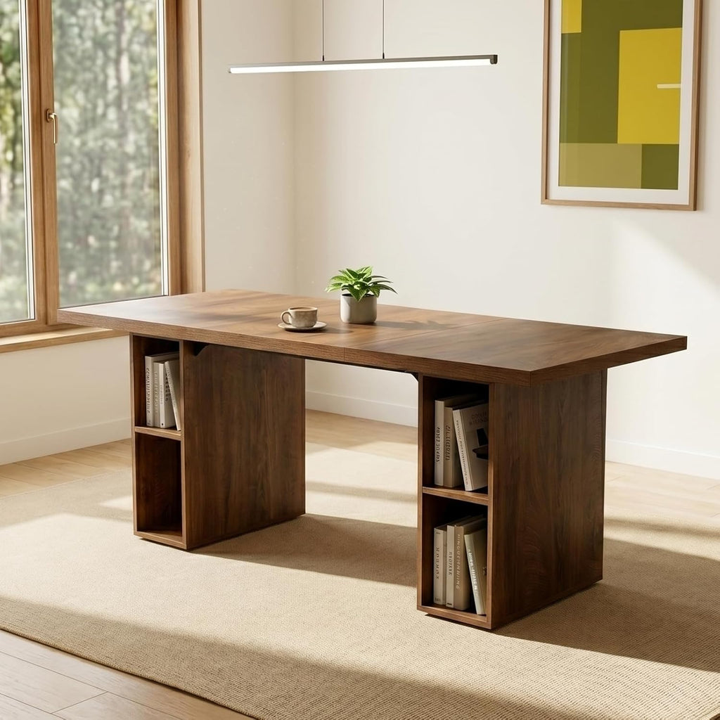 HIPIHOM 70.8'' Large Wooden Dining Table with 6 Open Storage Shelves,Multifunctional Kitchen Table and Computer Workstation, Suitable for 4-6 People, Family Dining Room