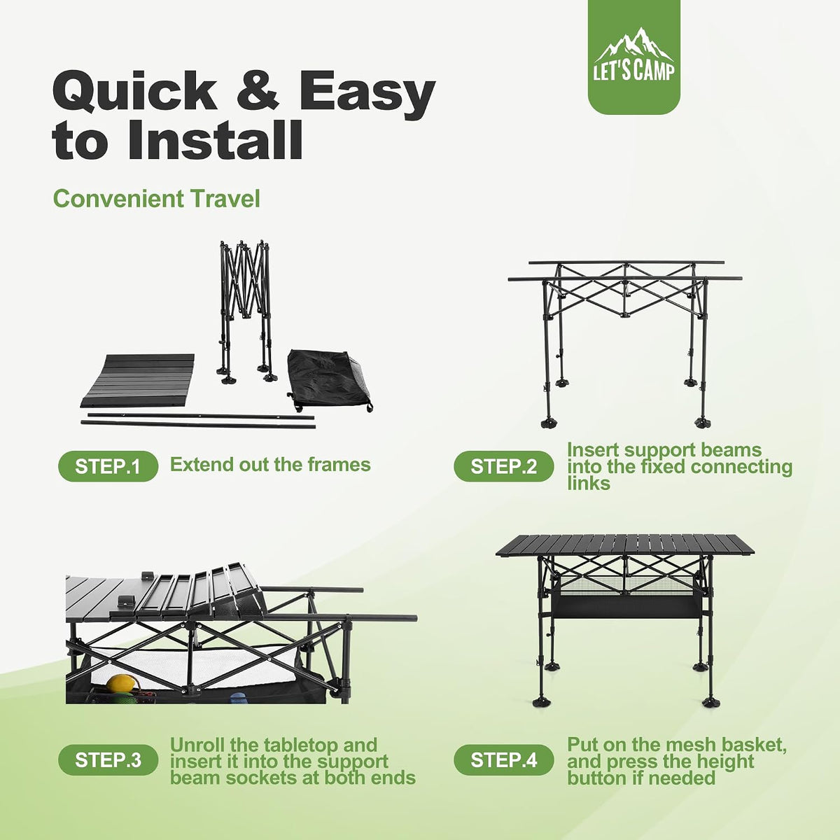 LET'S CAMP Folding Camping Table, Aluminum Roll-up Picnic Backpacking Table | Adjustable Height Camping Table Portable Picnic Dining Table Folding Card Table w/Handle Lightweight for Indoor Outdoor