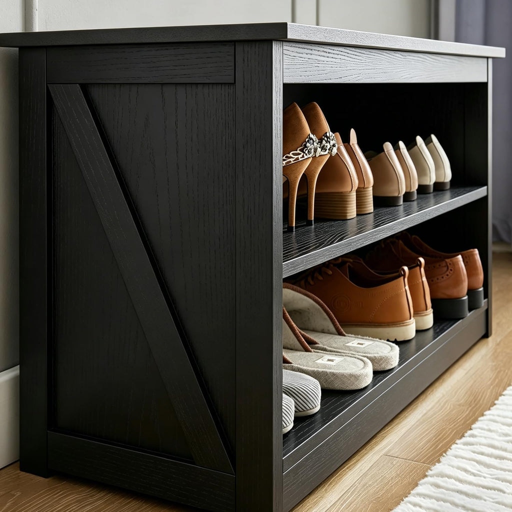 Farmhouse Storage Bench with 2-Tier Open Shelf, Shoe Bench with Cushion for Entryway, Mudroom, Hallway, Living Room & Bedroom Organization, Black