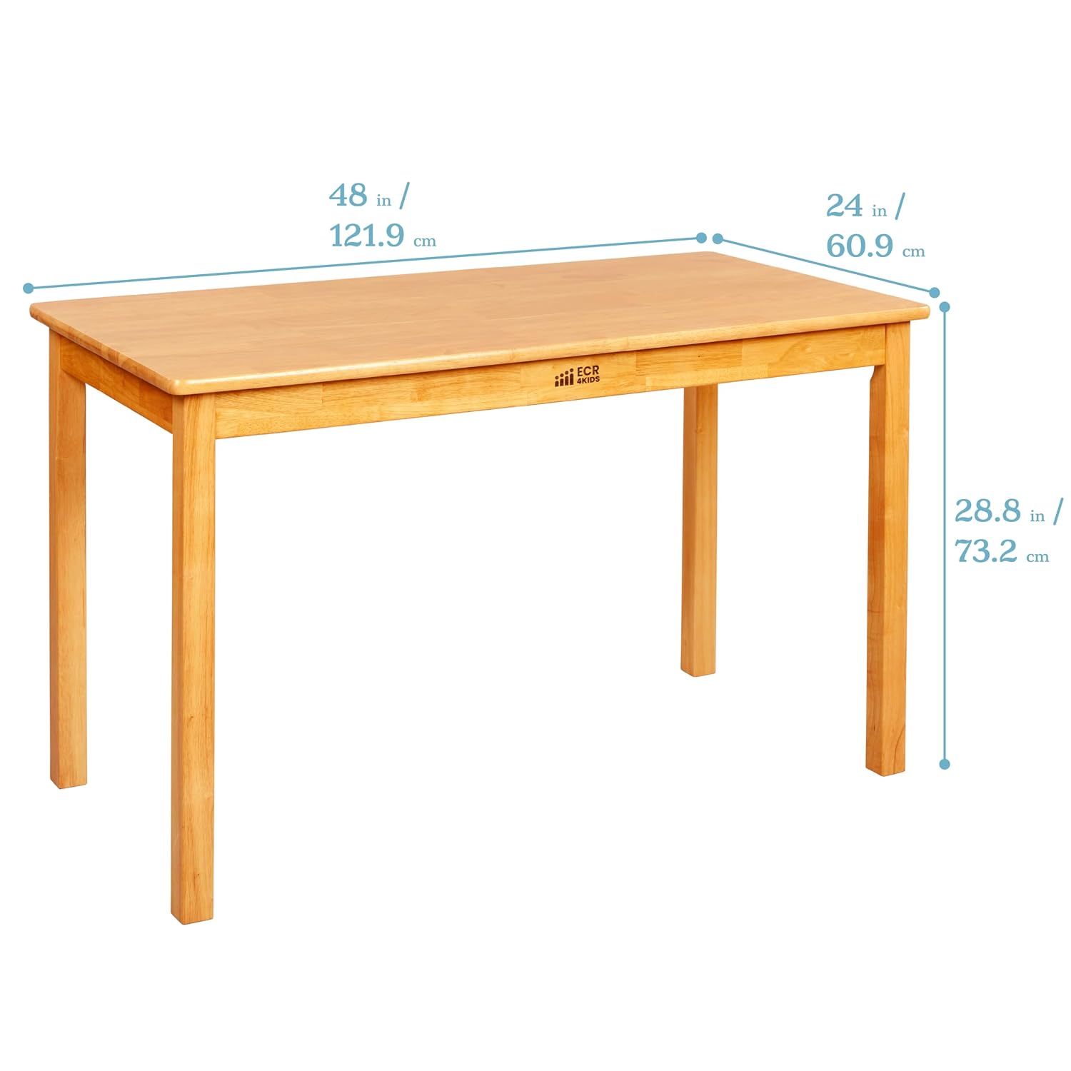 ECR4Kids 24in x 48in Rectangular Hardwood Table with 28in Legs and Four 16in Chairs, Kids Furniture, Honey, 5-Piece | Durable rubberwood, GREENGUARD Gold Certified, ANSI/BIFMA Compliant, 10-12 years, 200 lb seat capacity, classroom & home use