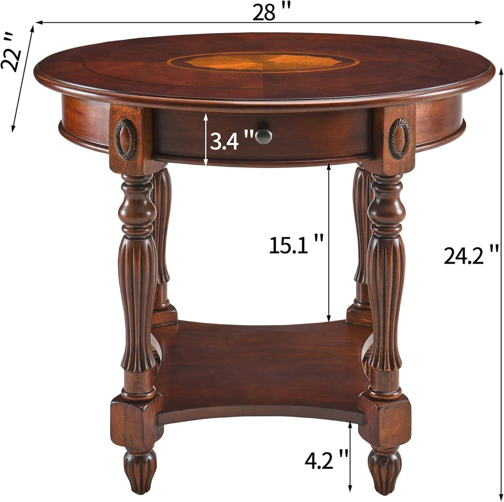 Solid Wood Oval End Table with Drawer, 28"x24" Sofa Side Table with Patterned Top and Vintage Carved Edge, Cherry Walnut Finish for Living Room or Bedroom