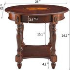 Solid Wood Oval End Table with Drawer, 28"x24" Sofa Side Table with Patterned Top and Vintage Carved Edge, Cherry Walnut Finish for Living Room or Bedroom
