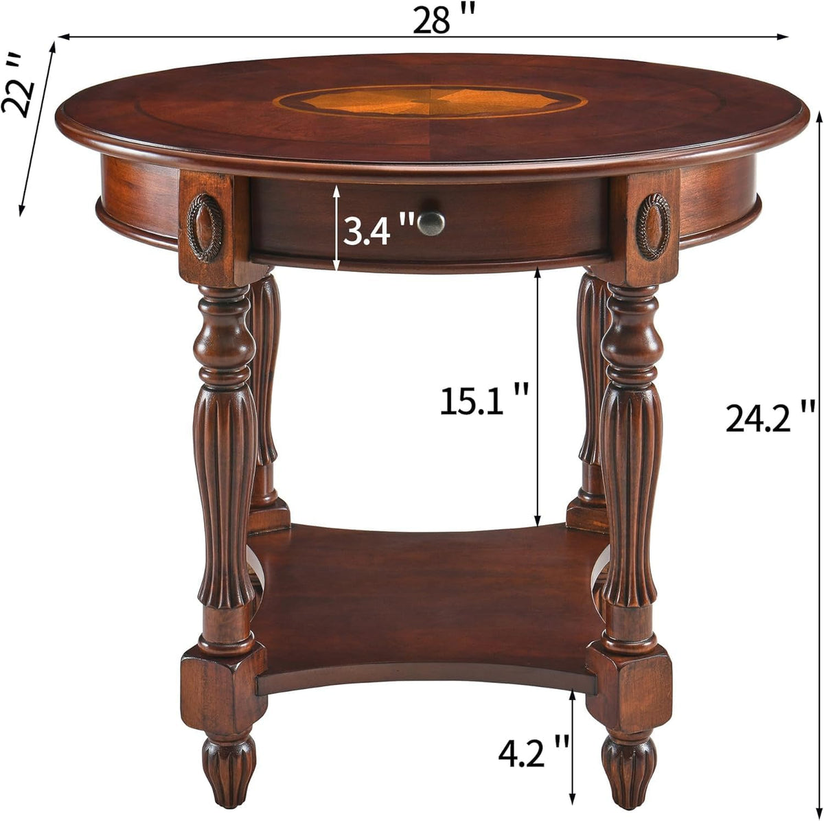 Solid Wood Oval End Table with Drawer, 28"x24" Sofa Side Table with Patterned Top and Vintage Carved Edge, Cherry Walnut Finish for Living Room or Bedroom