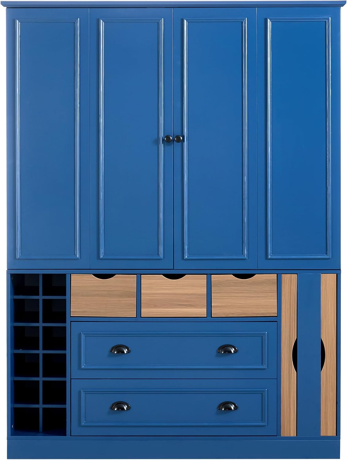 Large Kitchen Pantry Cabinet with 4 Foldable Doors and Storage Shelves, Farmhouse Freestanding Cupboard with Wine Racks, Power Outlet and Serving Trays (Blue)