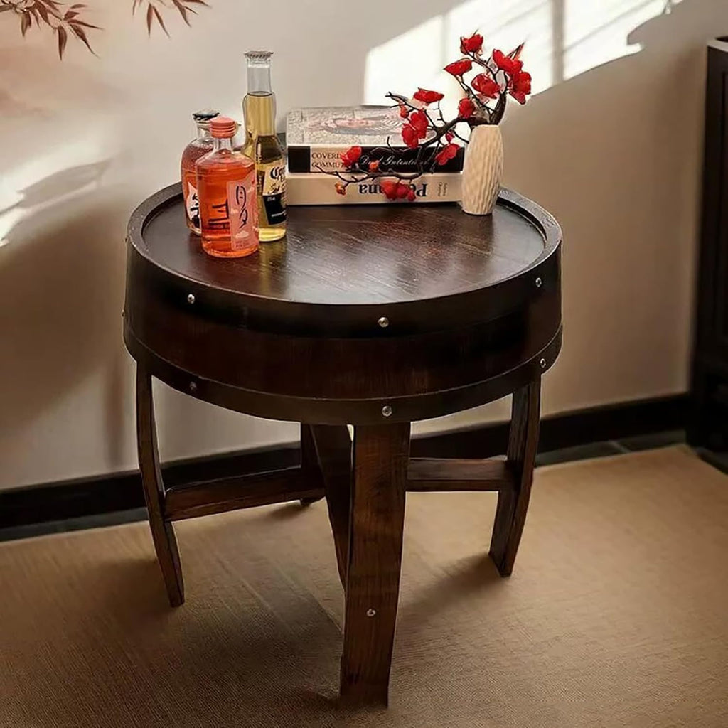 Farmhouse Whiskey Barrel End Table,Rustic Handcrafted Barrel Table,Solid Wood Round Coffee Tables,Oak Barrel Decor Furniture