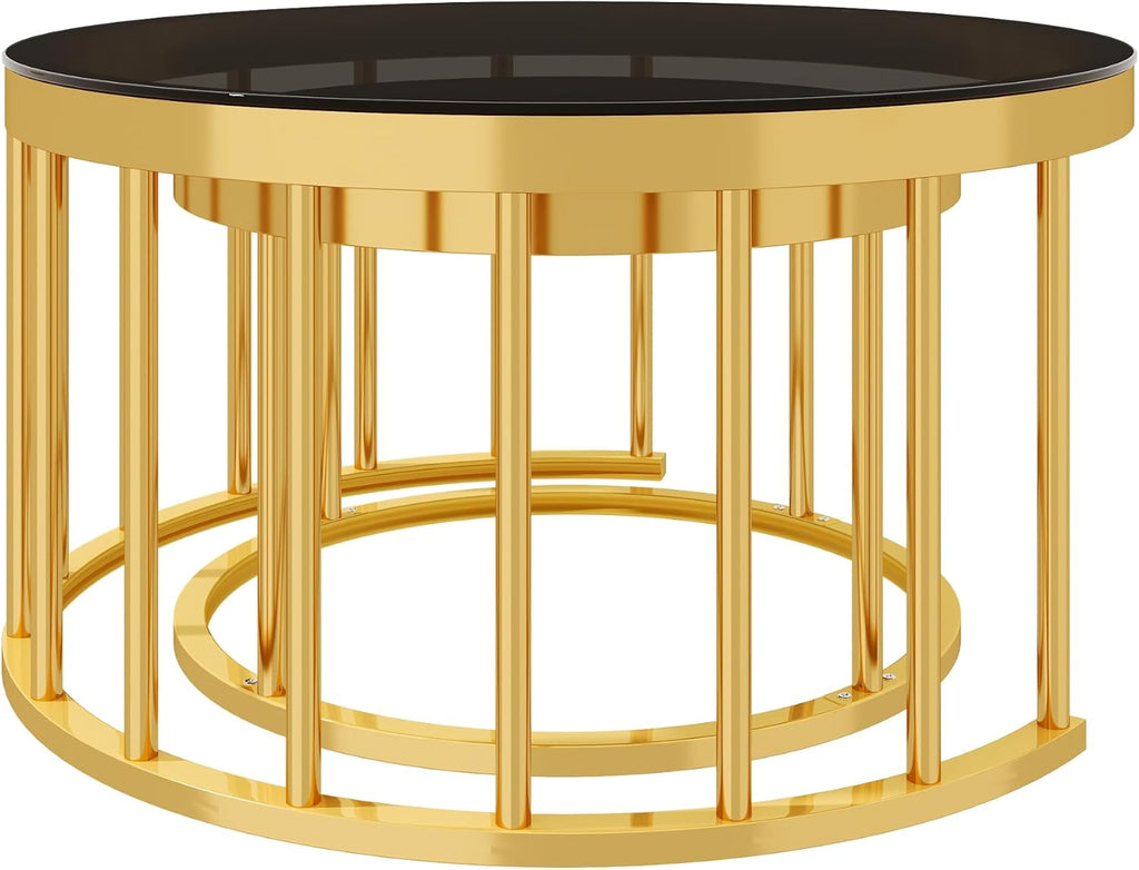 Round Nesting Coffee Table Set of 2 with Gold Frame & Mirrored Top, Black | Modern Circular Cocktail Tables with Tempered Glass, Space-Saving for Living Room & Apartment