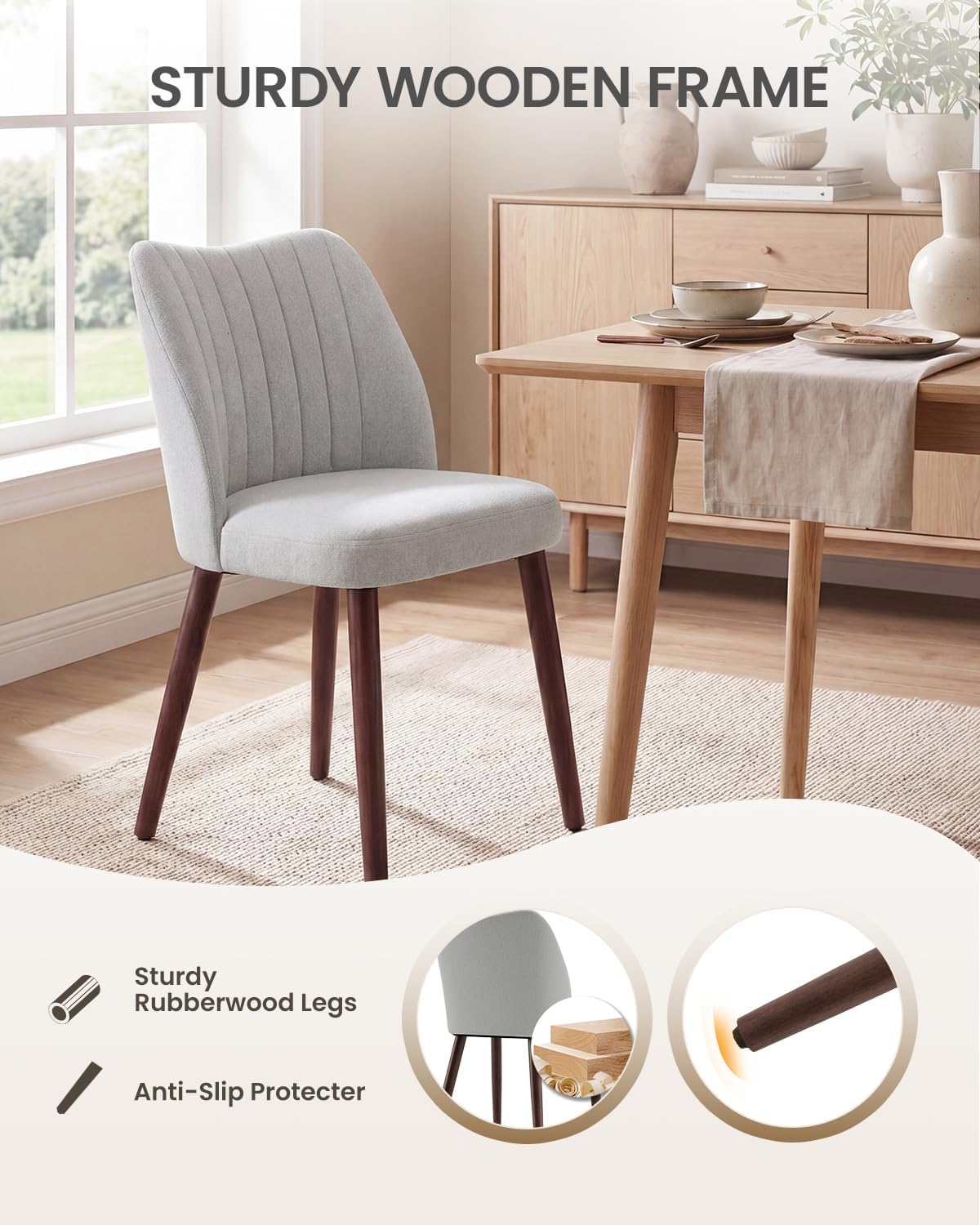 Upholstered Dining Chairs Set of 6, Farmhouse Fabric Kitchen Chairs with Solid Wood Legs, Modern Dining Room Chairs for Restaurant & Cafe, Light Grey