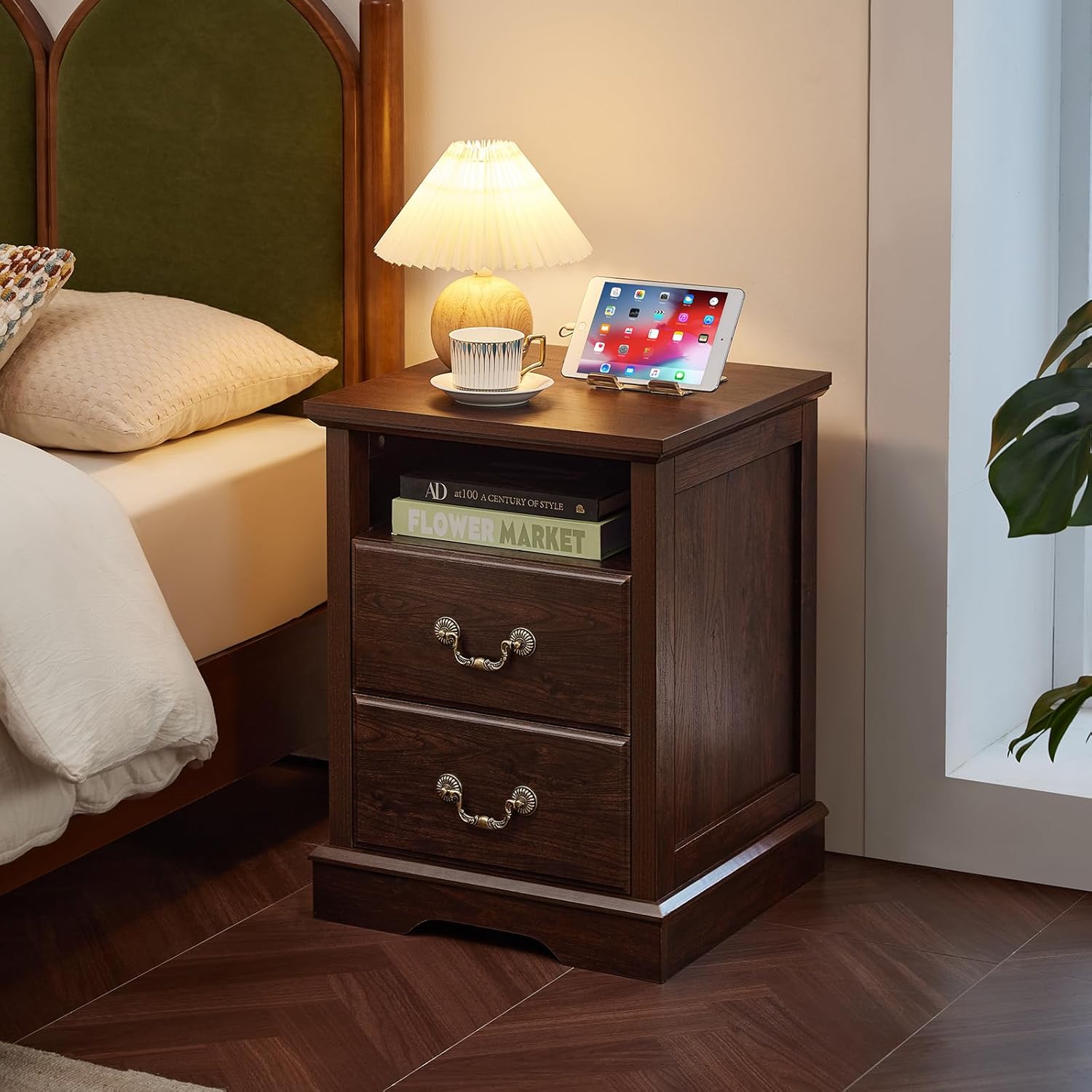 Farmhouse Night Stand with Charging Station, Walnut | 2 Drawers End Tables Bedroom, Bedside Table with Rustic Handles & Floor-Standing Thickened Foot & Open Shelf