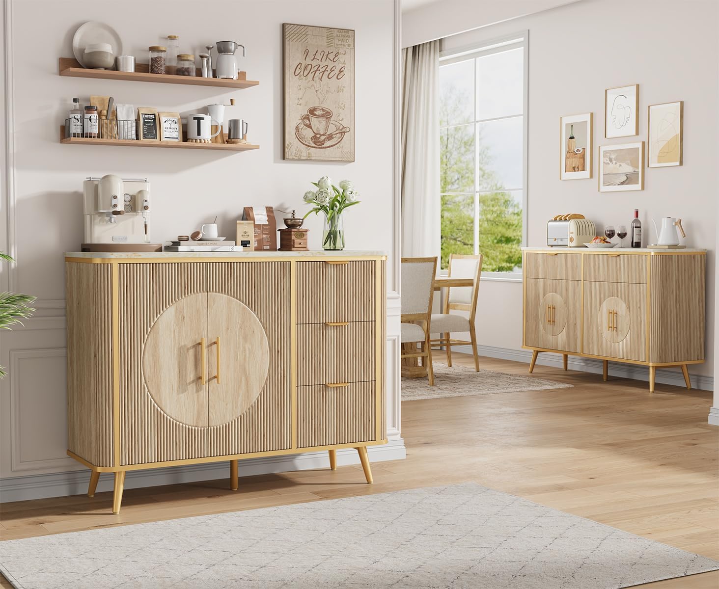 47.2" Buffet Storage Cabinet, Modern Fluted Coffee Bar Station with 2 Drawers & Adjustable Shelves, Kitchen Sideboard Buffet for Dining Room, Living Room, Hallway, Natural Oak