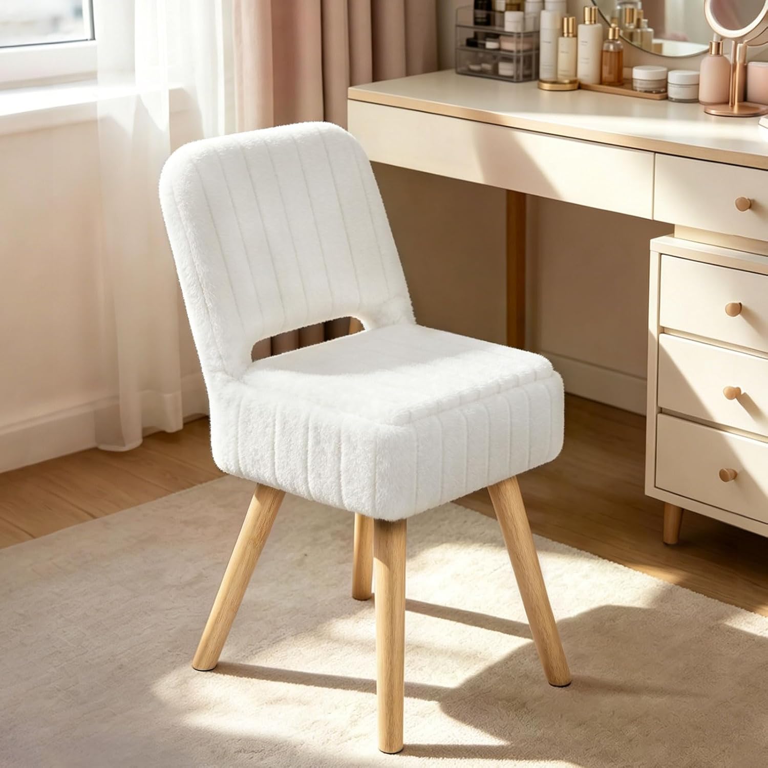Vanity Stool with Storage & Folding Backrest,Faux Rabbit Fur Small Makeup Chair with 4 Solid Wood Legs,11.4" D x 14.9" W x 28.7" H,Soft Ottoman for Living Room,Bedroom,Closet,White