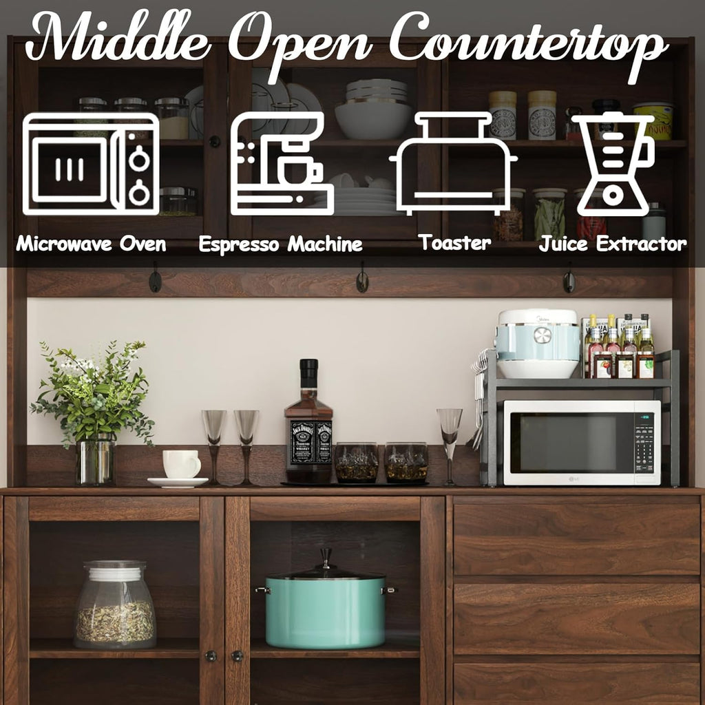 63” Kitchen Pantry Cabinet with Microwave Shelf & Countertop, Freestanding Storage Kitchen Hutch with Drawers & Glass Doors for Dining Room, Wooden Structure, Modern (Walnut)